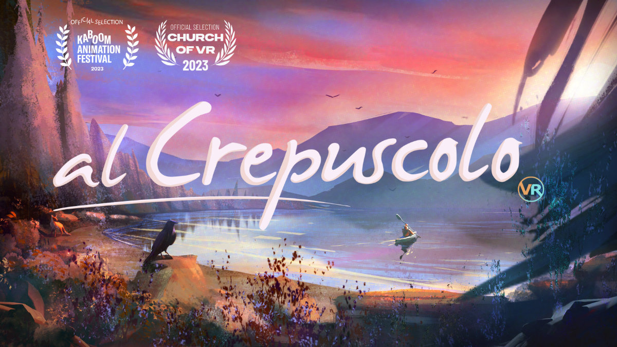 Al Crepuscolo VR keyart showing an illustration of a stylized kayak on a tranquil lake with soothing colors.