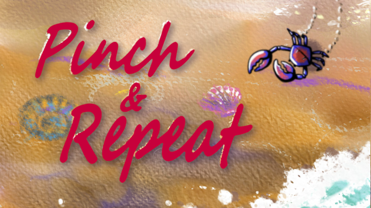 Key art of Pinch & Repeat, showing a 2D stylised crab walking on beach in a top-down view. A colorful wave is about to splash the crab.